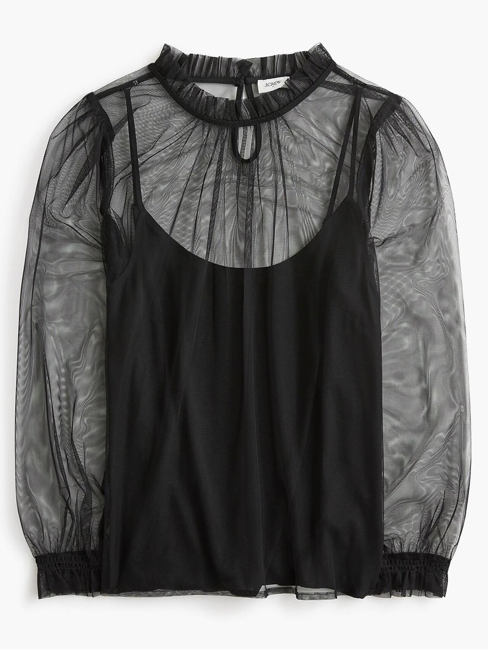 New J. Crew Tulle Ruffleneck Top Size Small Black Sheer See Through Mock Neck